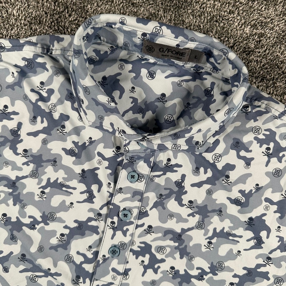 G/FORE Polo Shirt Mens Large Camo Skull Crossbones Blue Grey Performance Golf